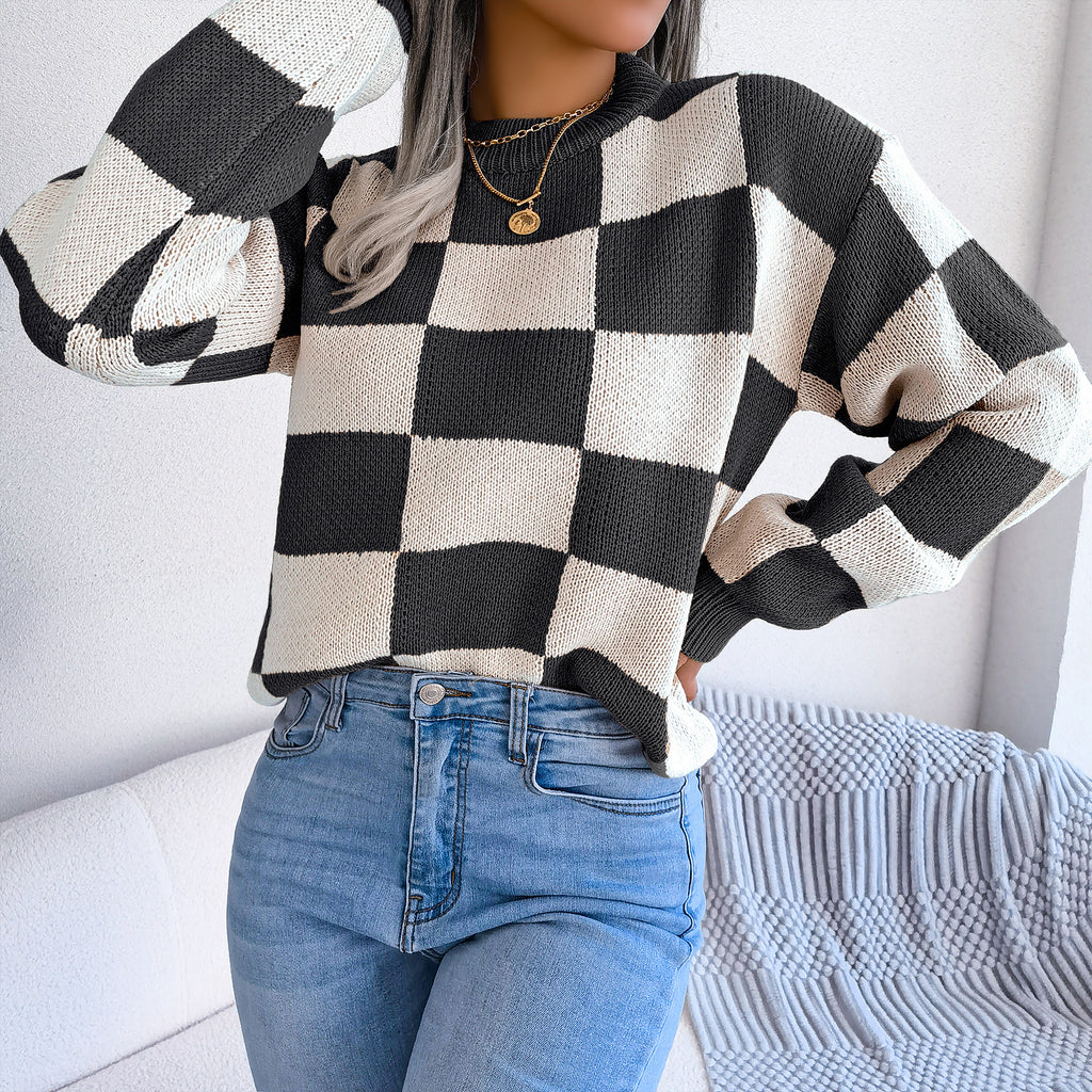 Checkered Crewneck Loose Pullover Top