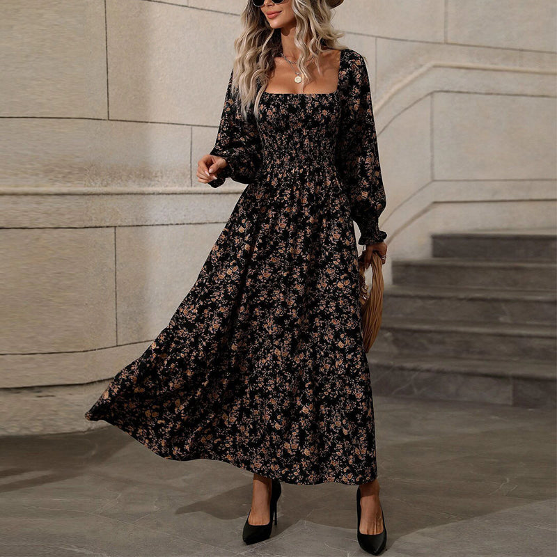 Square Neck Floral Dress Puff Sleeve Backless Maxi