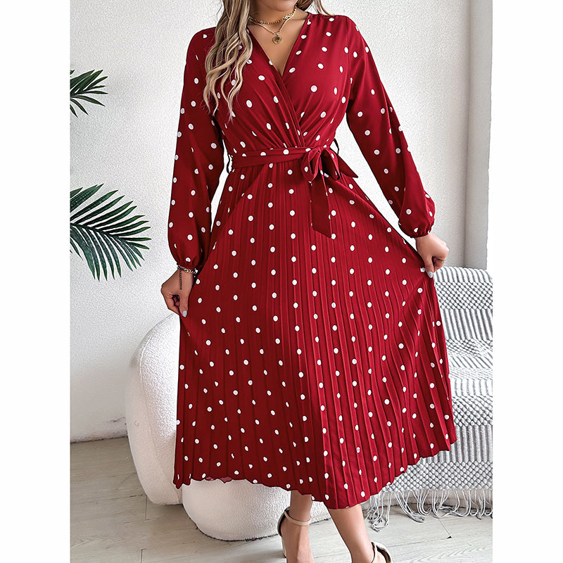 Polka Dot Maxi Dress - V-Neck Long Sleeve With Belt & Pleats