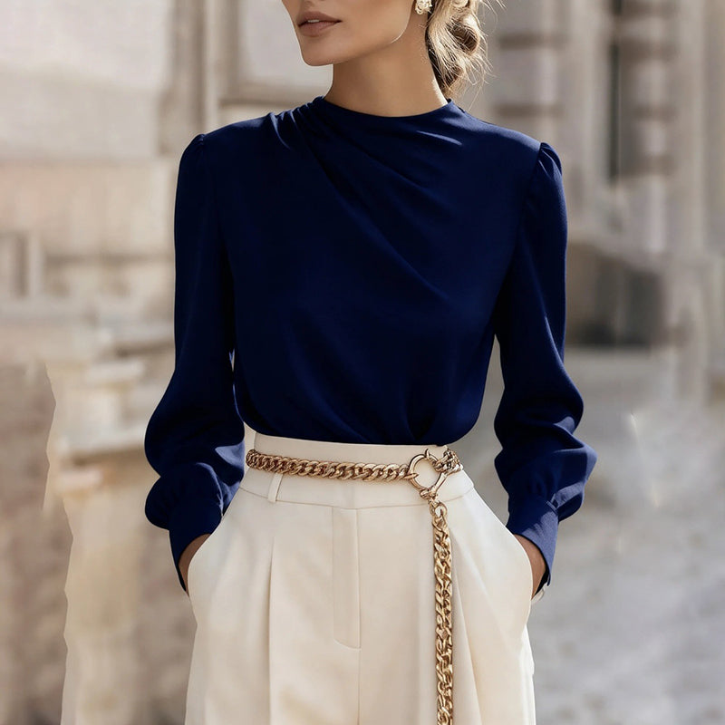 Pleated Long Sleeve Blouse, Round Neck