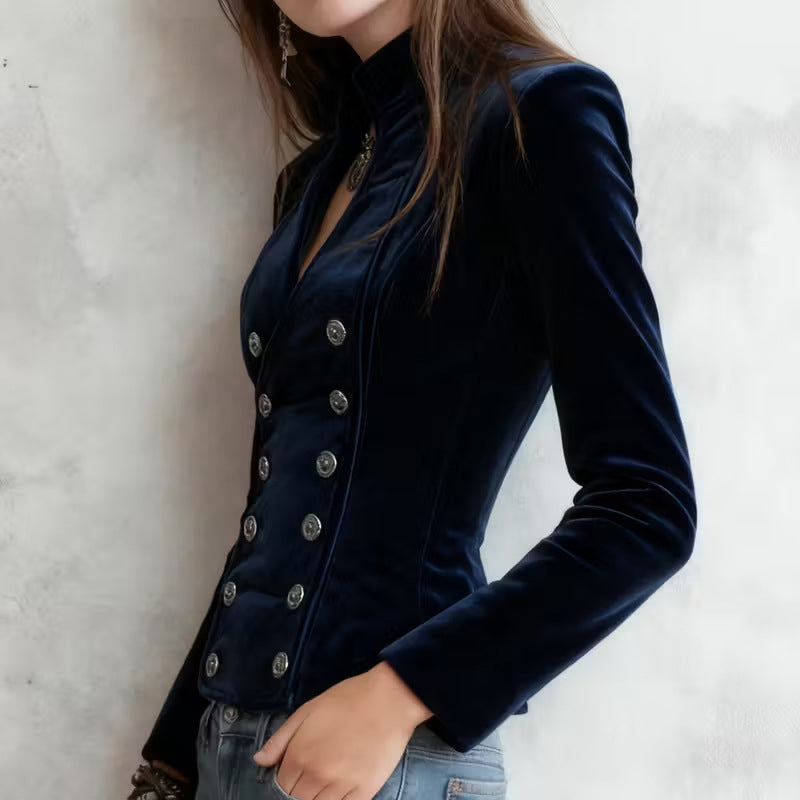 Solid Color Velvet Blazer, Double-Breasted V-Collar Long Sleeve