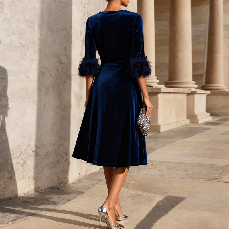 Velvet Feather Sleeve Dress, Round Neck