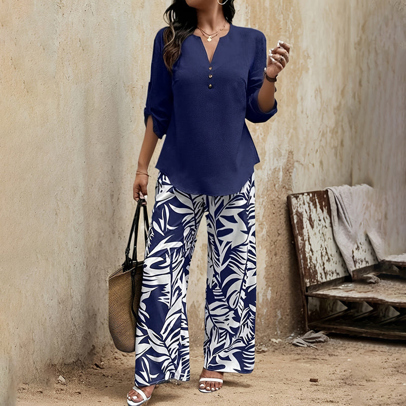 Long Sleeve Top & Leaf Print Pants Set - Solid V-Neck Blouse