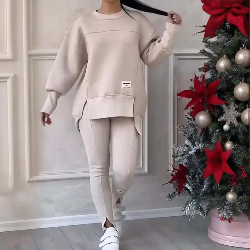 Solid Color 2-Piece Set, Loose Fit Top With Slit Hem & Slim Fit Pants