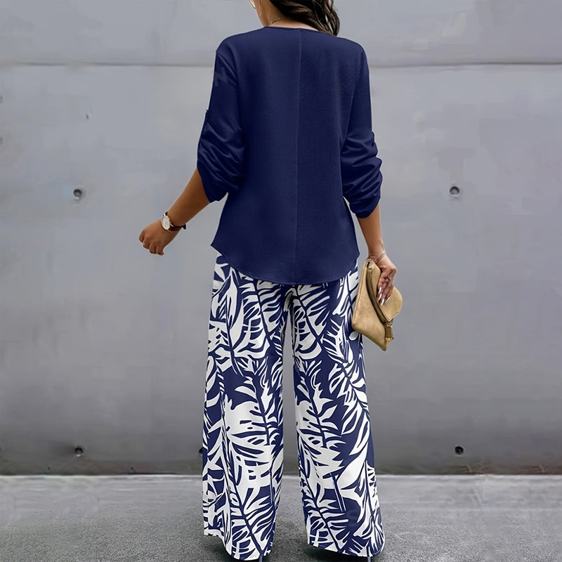 Long Sleeve Top & Leaf Print Pants Set - Solid V-Neck Blouse