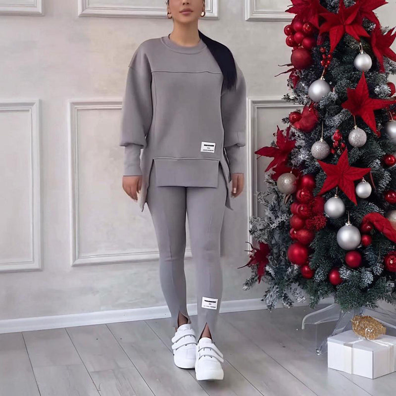 Solid Color 2-Piece Set, Loose Fit Top With Slit Hem & Slim Fit Pants