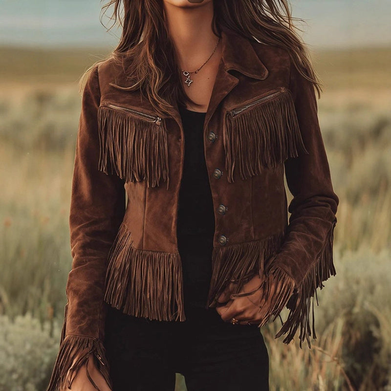 Fringe Suede-Look Long Sleeve Button Front Coat