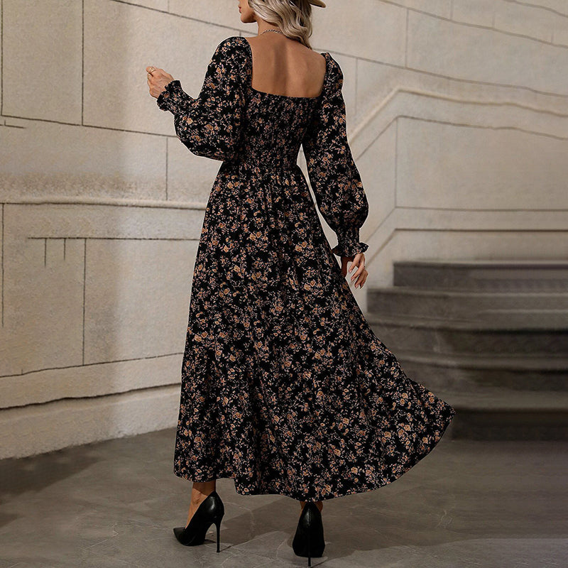 Square Neck Floral Dress Puff Sleeve Backless Maxi