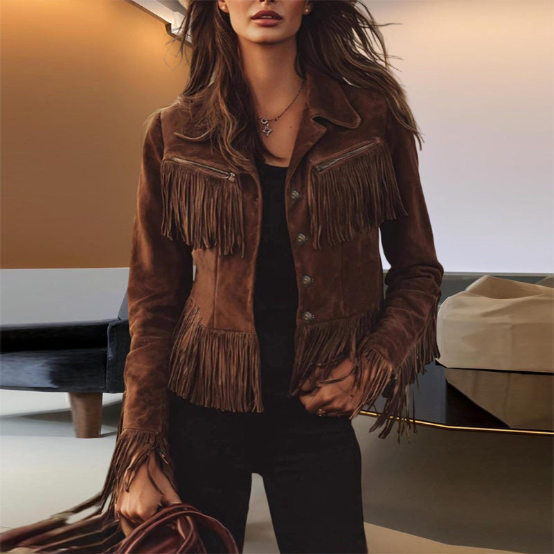 Fringe Suede-Look Long Sleeve Button Front Coat