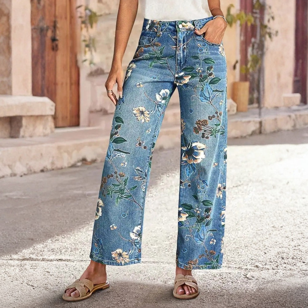 Boho Floral Print Wide Leg Jeans