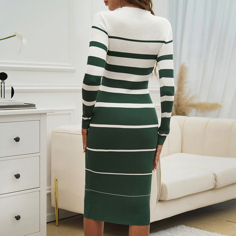 Long Sleeve Bodycon Round Neck Ribbed Striped Midi Dress