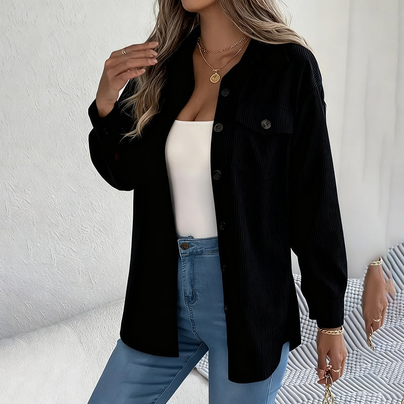 Corduroy Shirt Jacket, Lapel Long Sleeve Button-Down Coat