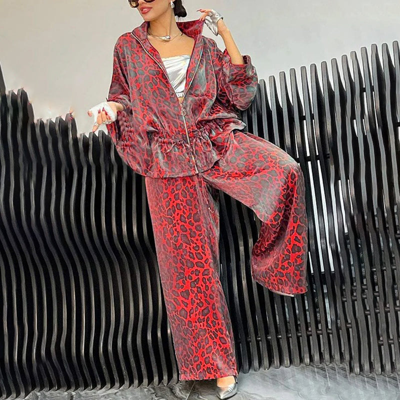 2-Piece Set, Drawstring Leopard Print Zip-Up Top & Wide Leg Pants