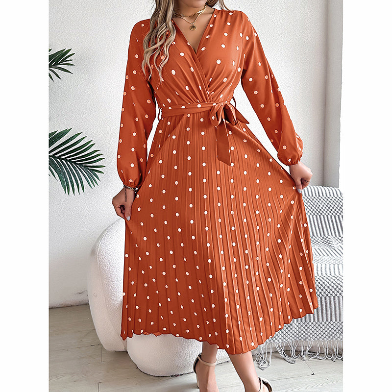 Polka Dot Maxi Dress - V-Neck Long Sleeve With Belt & Pleats