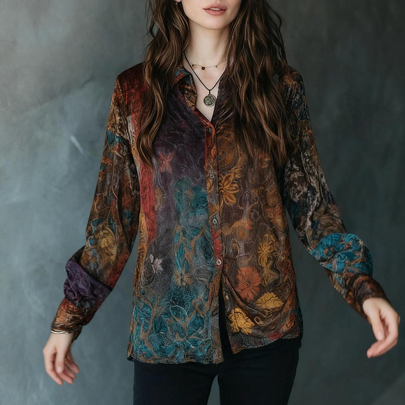Retro Boho Floral Button Down Long Sleeve Blouse