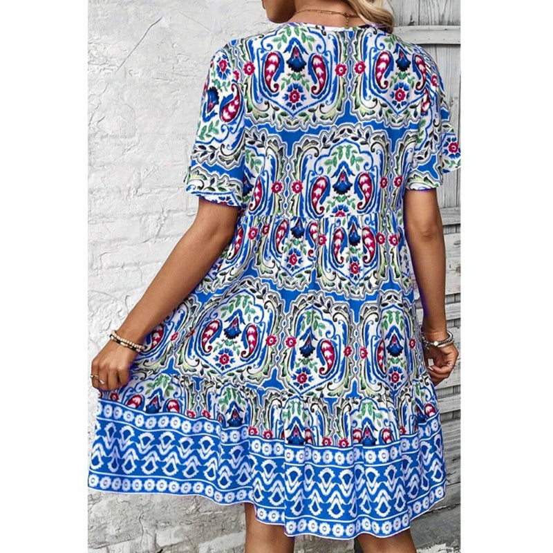 Drawstring V Neck Short Sleeve Floral Print