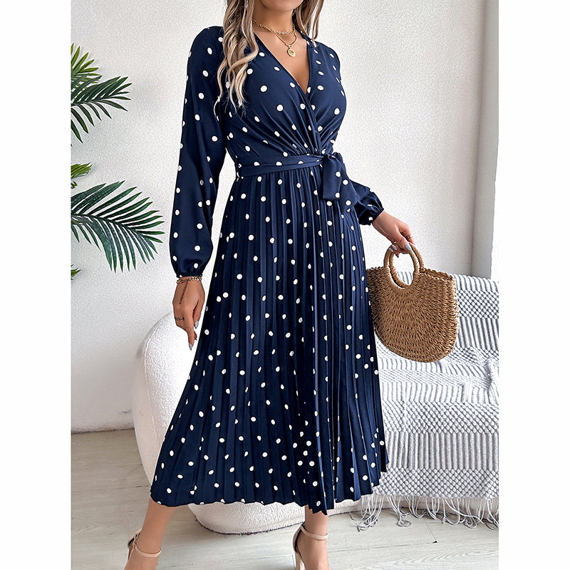 Polka Dot Maxi Dress - V-Neck Long Sleeve With Belt & Pleats