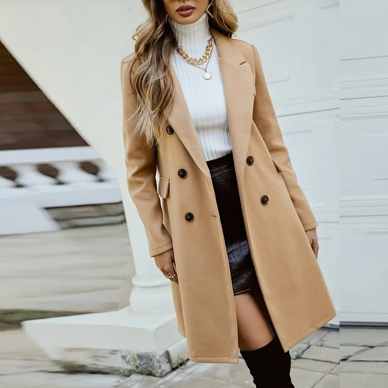 Wool-Like Coat Notch Lapel Long Sleeve Mid-Length Overcoat