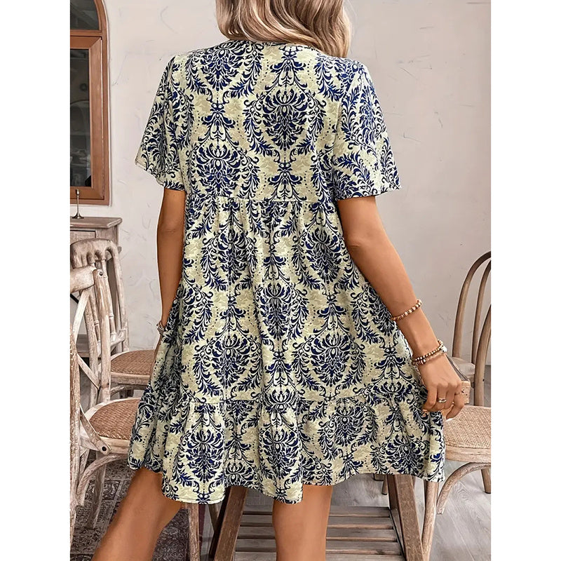 Drawstring V Neck Short Sleeve Floral Print