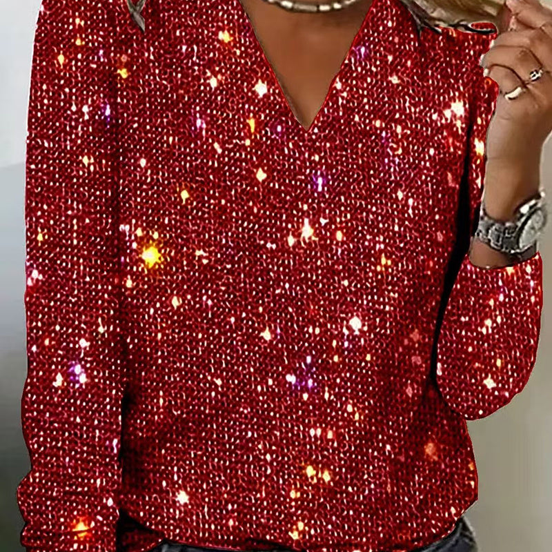 V-Neck Sparkle Top Long Sleeve Glitter Blouse