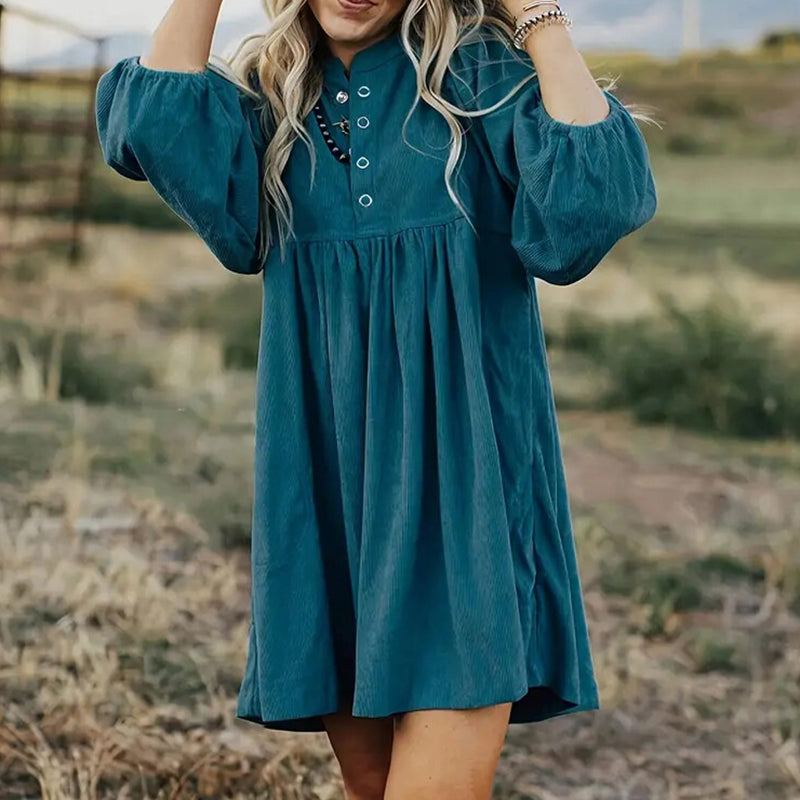 Corduroy Empire Waist, Button Up 3 4 Sleeve Mini Dress