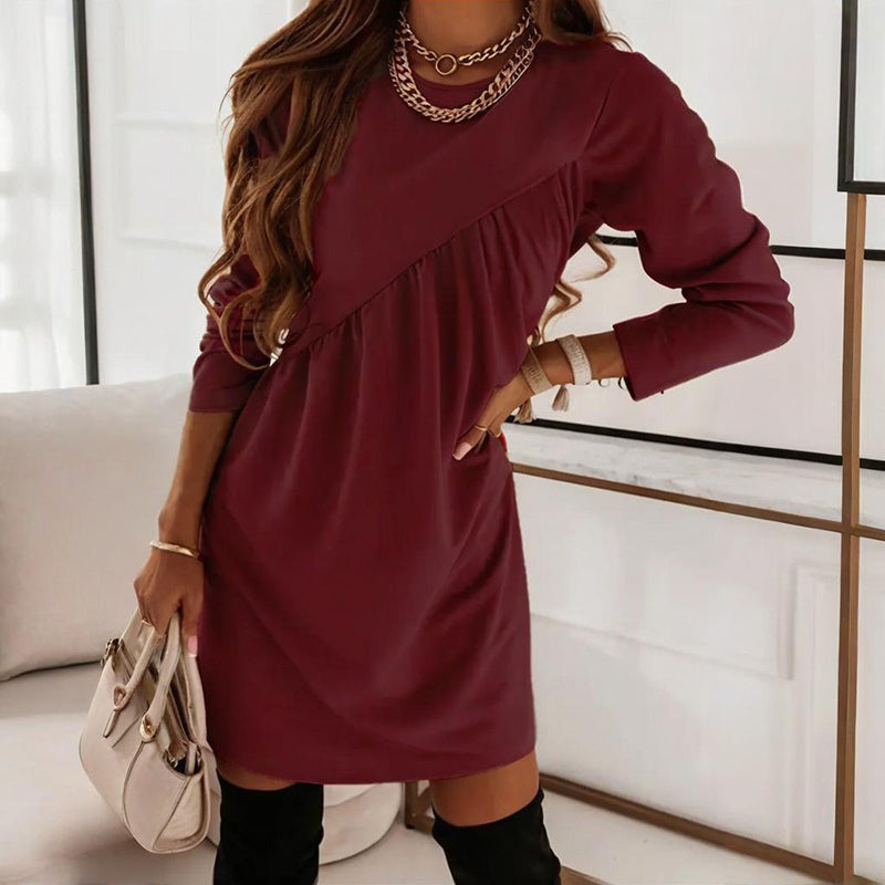 Elegant A-Line Dress With Pleated Detail, Solid Color Round Neck Office To Party Midi Dress