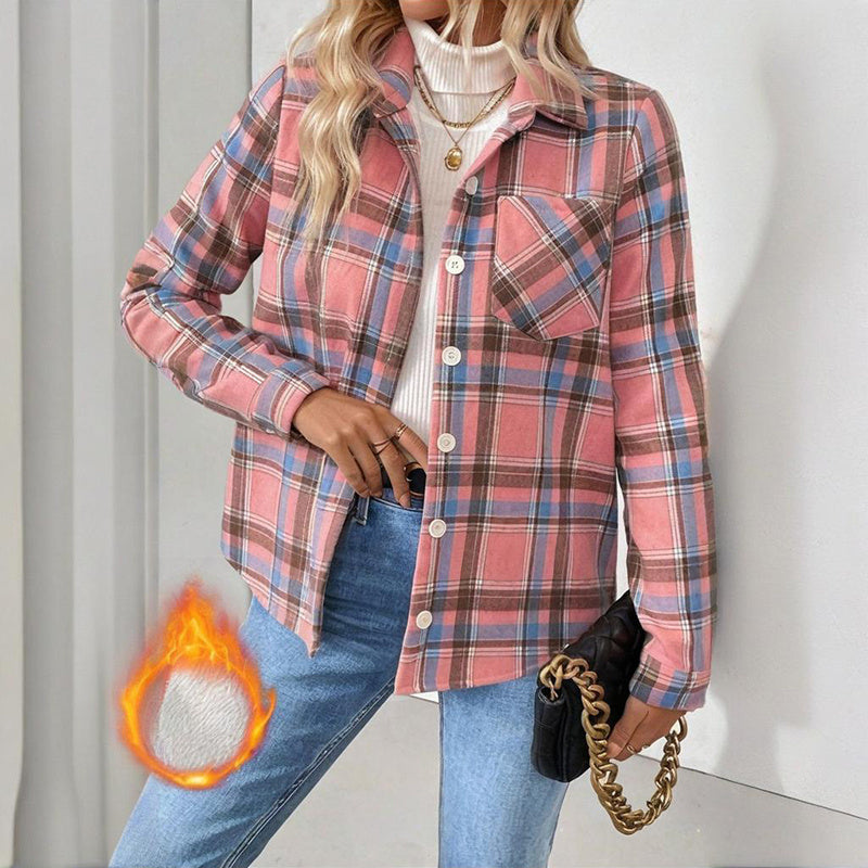 Checkered Fleece Lined Shacket, Plaid Button Down Shirt Jacket With Chest Pockets