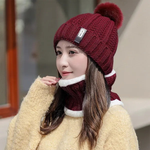 Winter Beanie Hat Scarf Set Knitting Skull Cap
