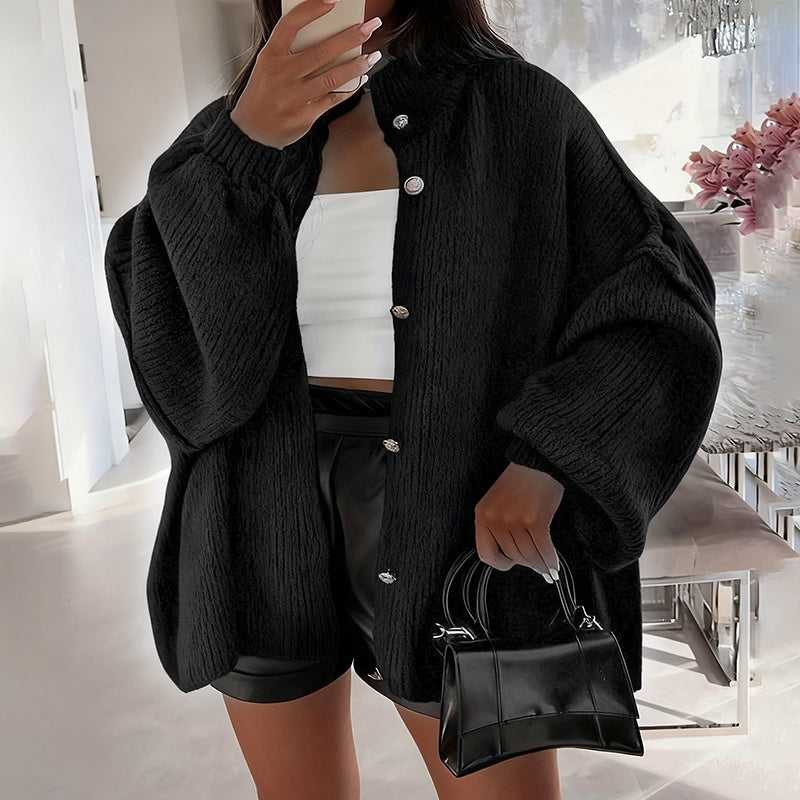 Knit Cardigan - High Neck Loose Fit Cuffed Long Sleeve Button Front