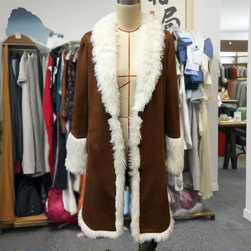 Long Plush Coat With Fur Collar