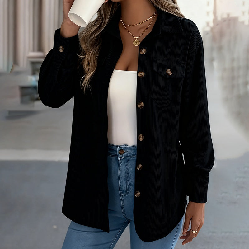Corduroy Shirt Jacket, Lapel Long Sleeve Button-Down Coat