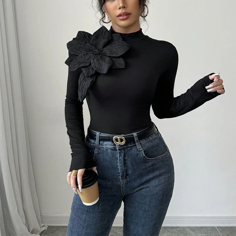 Elegant Solid Color Knit Top, 3D Floral Rhinestone Decor High Neck Long Sleeve Blouse