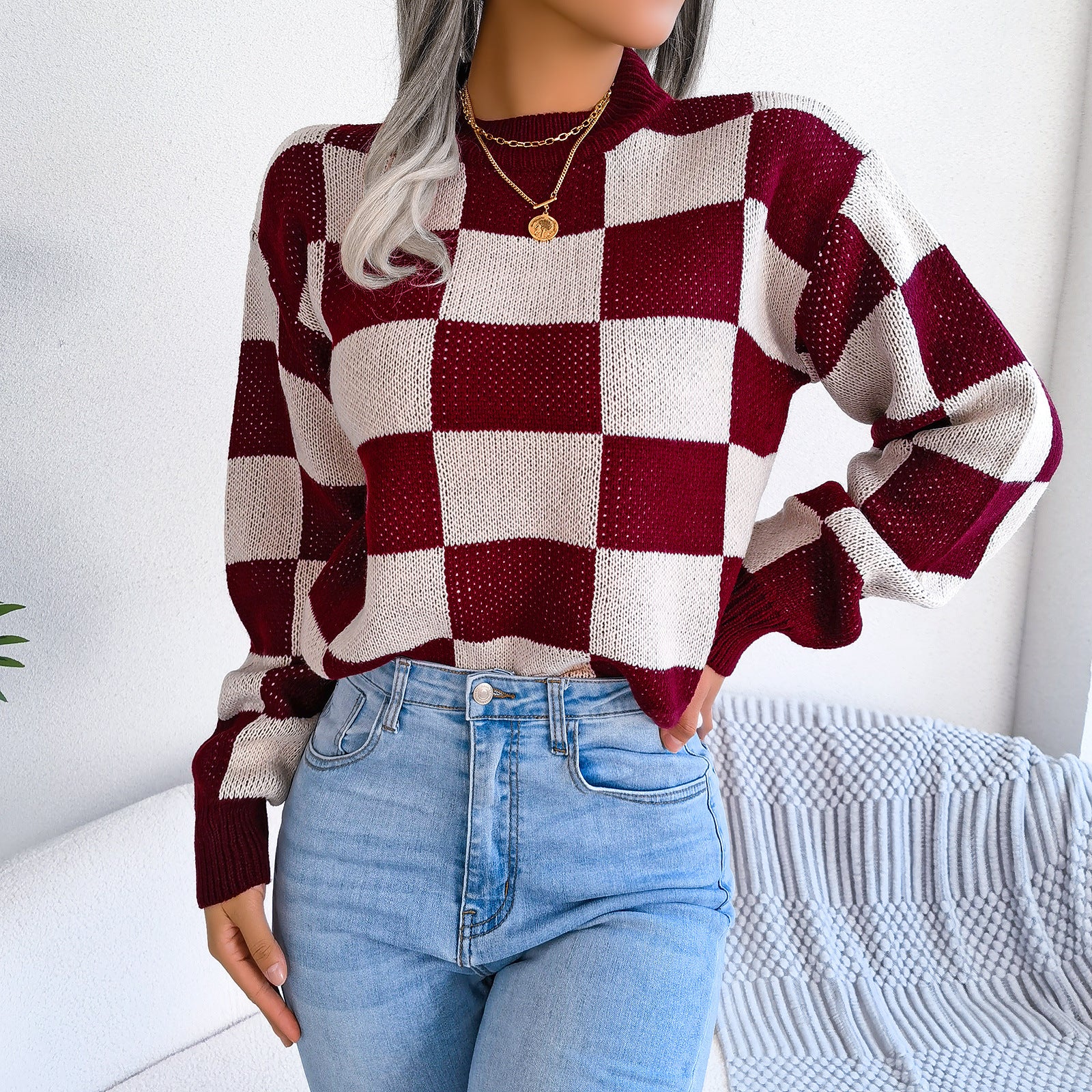 Checkered Crewneck Loose Pullover Top