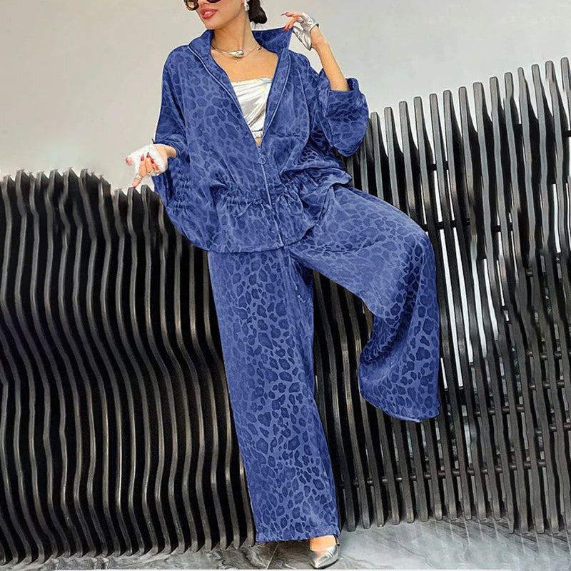 2-Piece Set, Drawstring Leopard Print Zip-Up Top & Wide Leg Pants