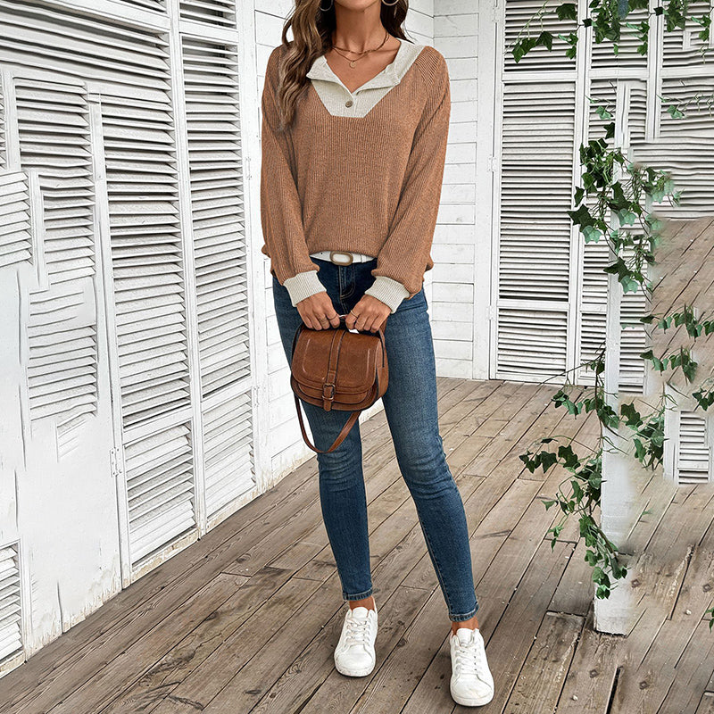 Color Block Pullover V-Neck Long Sleeve l Loose Top