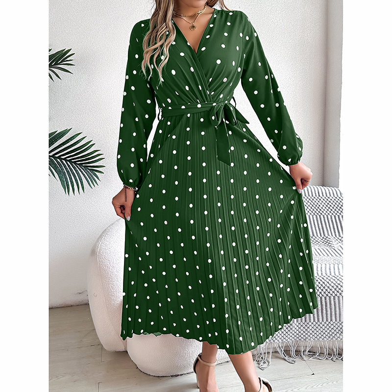 Polka Dot Maxi Dress - V-Neck Long Sleeve With Belt & Pleats
