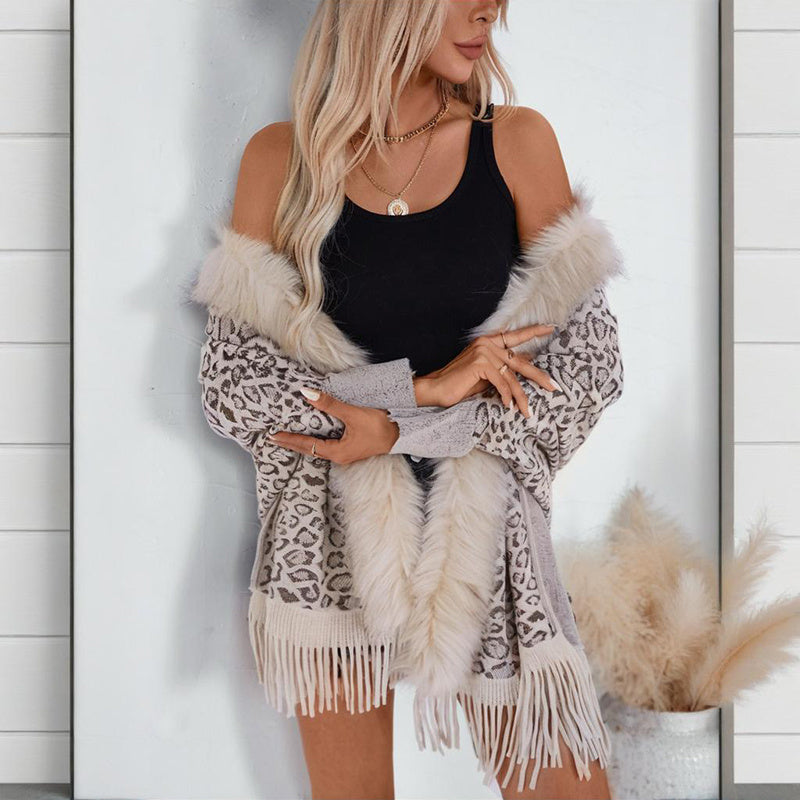 Leopard Poncho With Faux Fur Collar