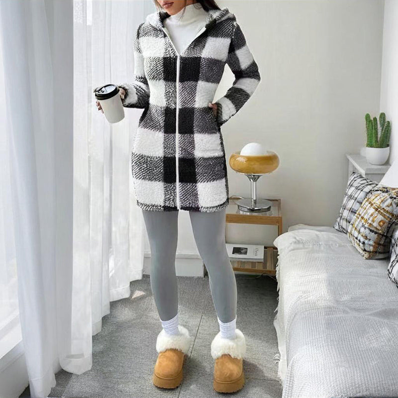 Long Sleeve Plaid Long Hooded Sherpa Coat, Soft Fleece Lined Jacket