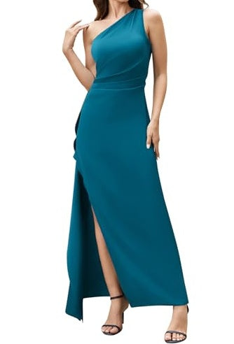 Slim-fit Solid Color One-shoulder Pleated Split Satin Dress