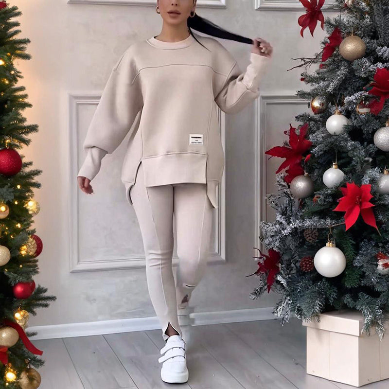 Solid Color 2-Piece Set, Loose Fit Top With Slit Hem & Slim Fit Pants