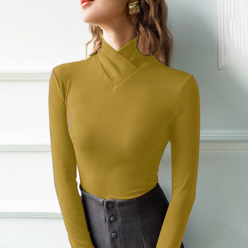 Cross High Neck Top - Long Sleeve Slim Fit Dressy Casual Shirt