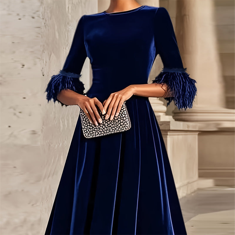 Velvet Feather Sleeve Dress, Round Neck