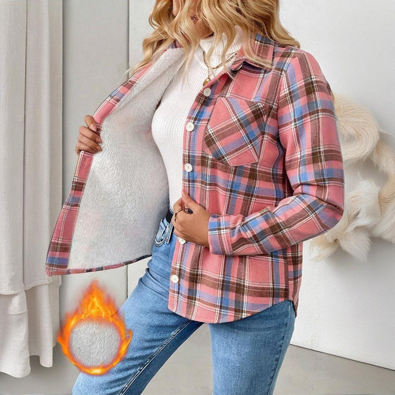 Checkered Fleece Lined Shacket, Plaid Button Down Shirt Jacket With Chest Pockets