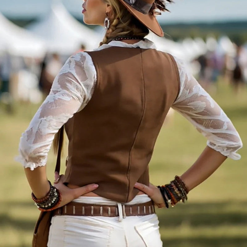 Elegant Lace Trim Mock Two-Piece Blouse, V-Neck Top With Lace Sleeve