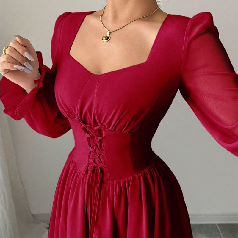 Square Neck Long Sleeve A-Line Maxi