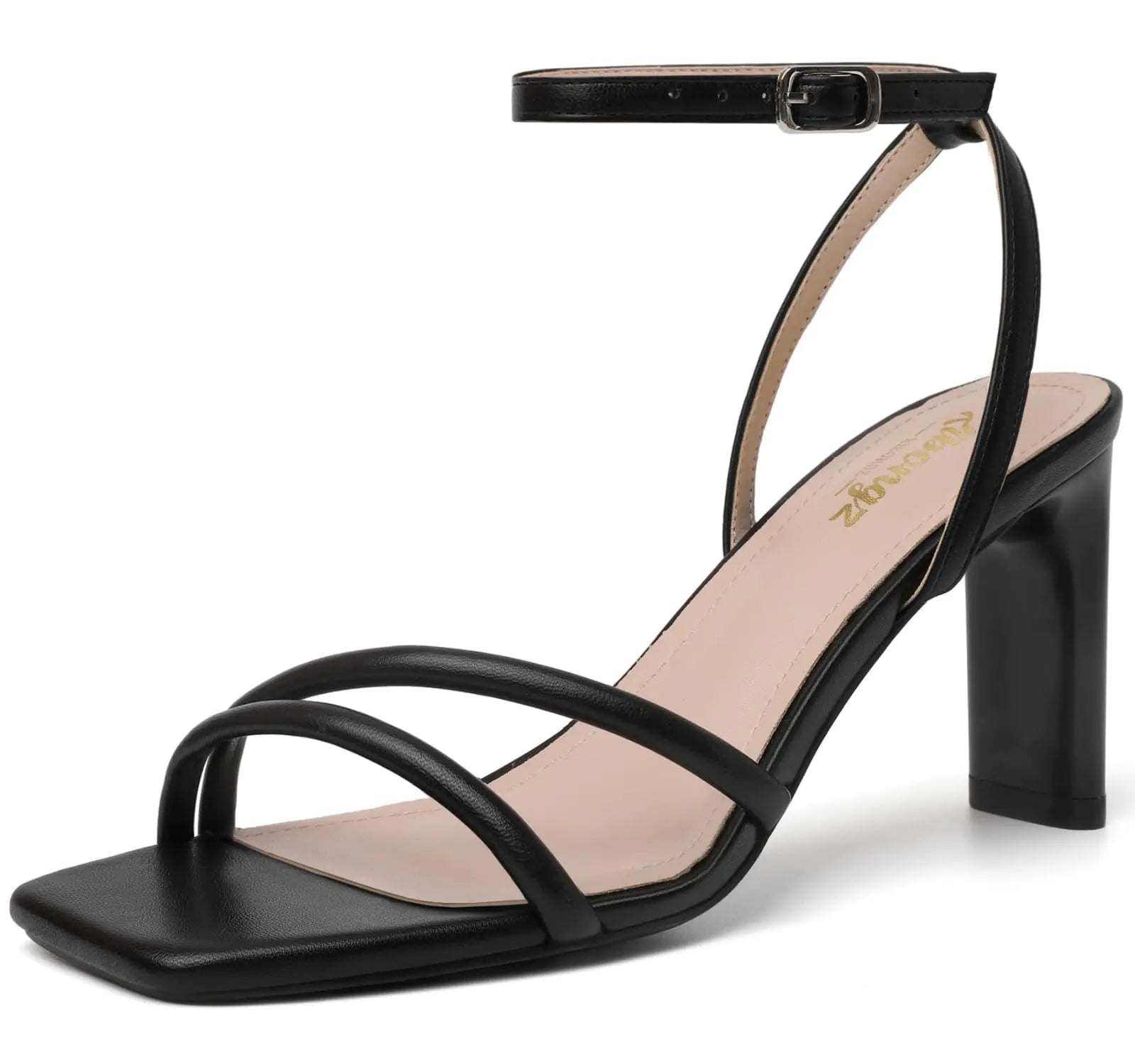 RIBONGZ Black Strappy Heels Square Open Toe High Heels