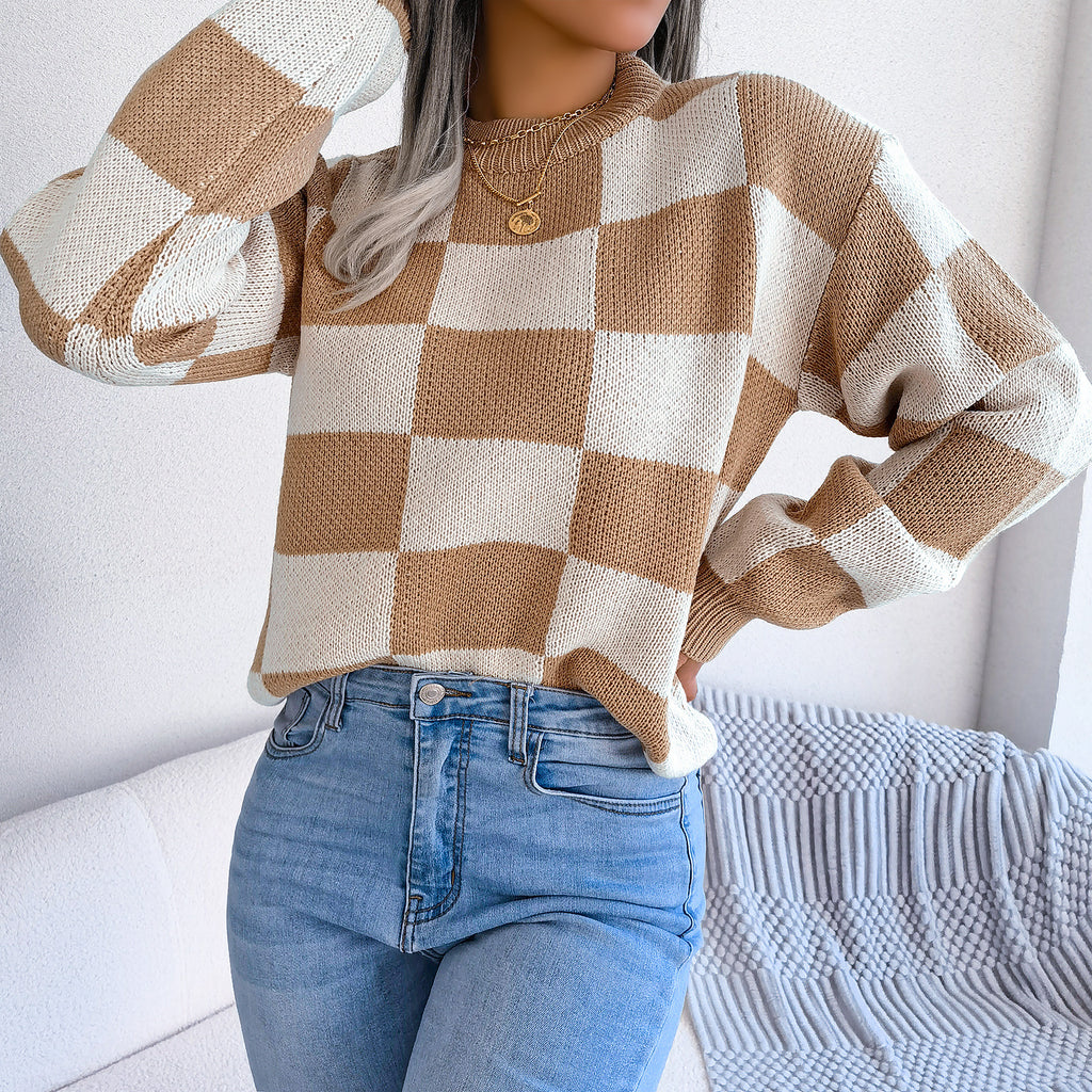 Checkered Crewneck Loose Pullover Top