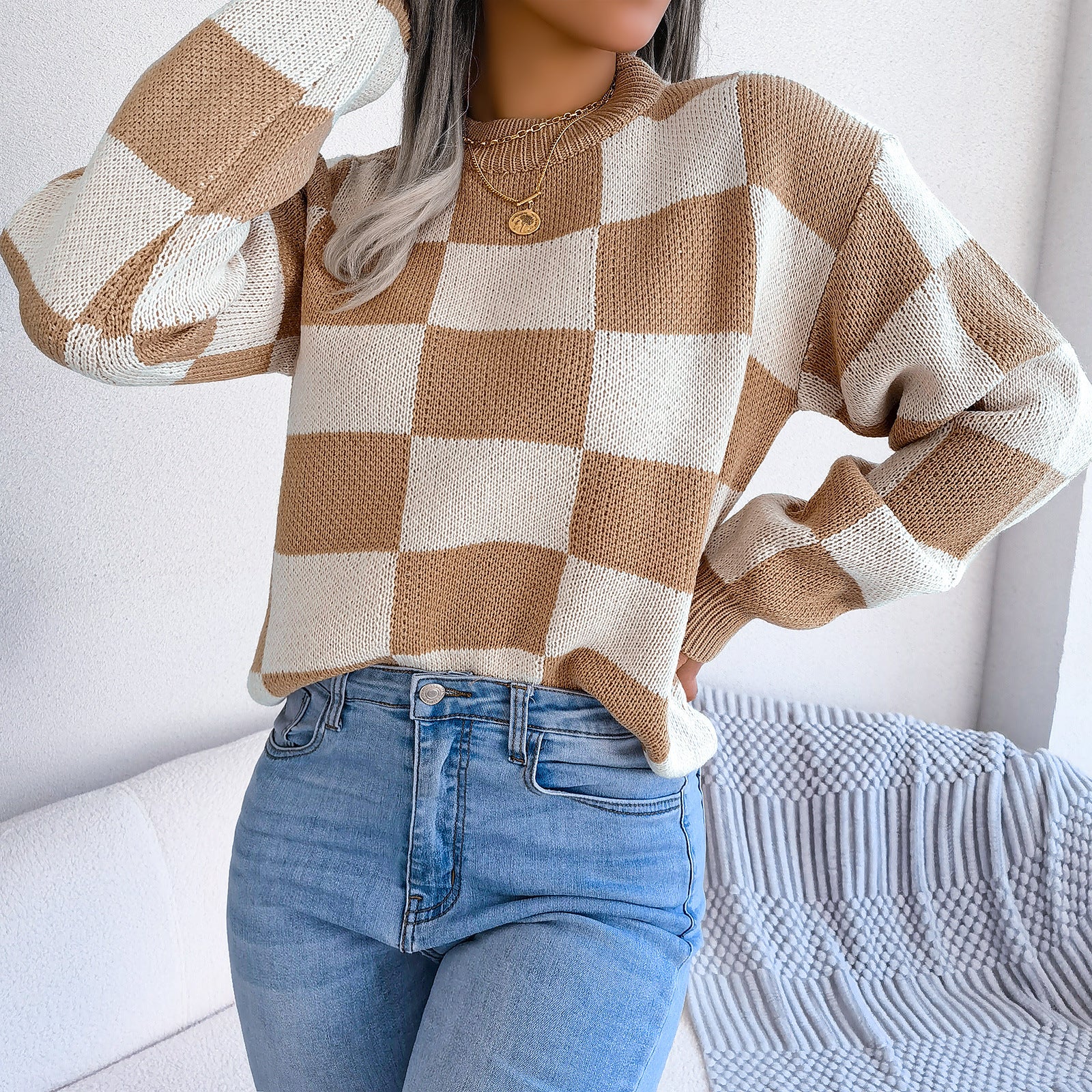 Checkered Crewneck Loose Pullover Top