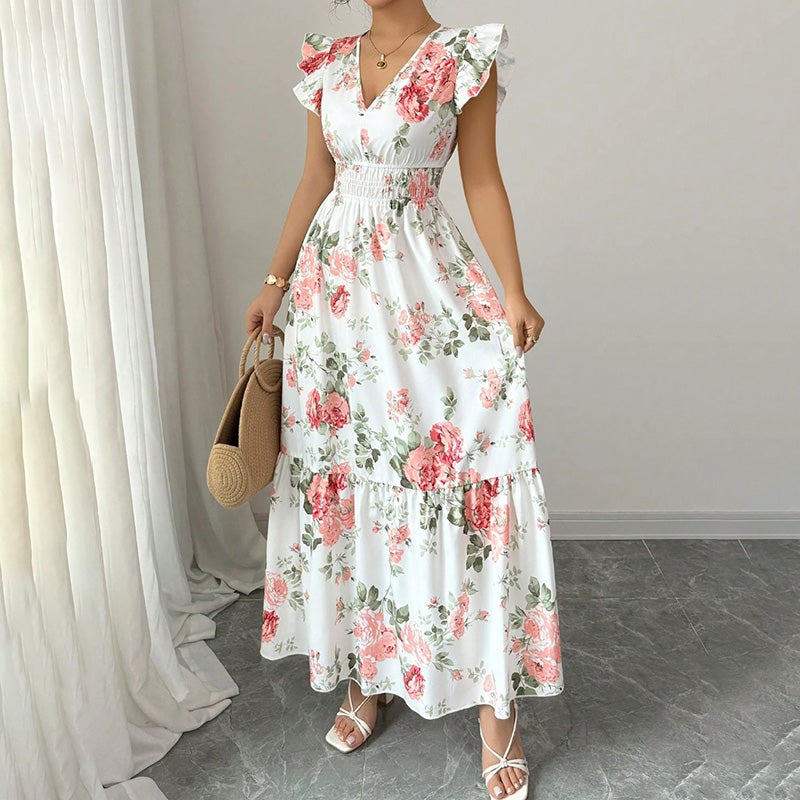 V Neck Smocked A Line Flowy Maxi