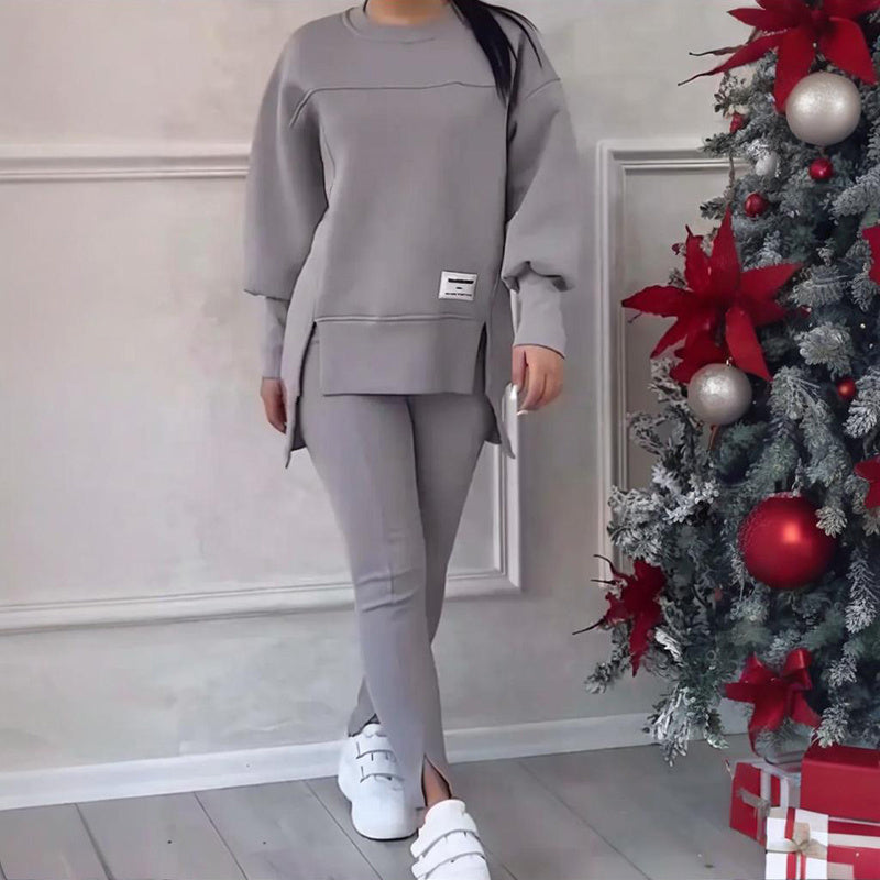 Solid Color 2-Piece Set, Loose Fit Top With Slit Hem & Slim Fit Pants